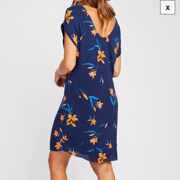 GENTLE FAWN | Robson Dress Small High Low Shift Navy Blue Orange Pink Rayon Midi - Picture 3 of 11